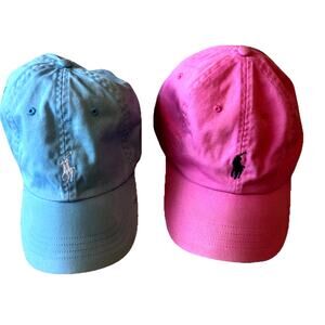2- Polo Ralph Lauren Pony Hats Caps Strap-Back Solid Pink Blue Preppy Coastal OS